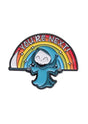 Blaue Geister-Emaille-Anstecknadel mit Regenbogenmotiv und dem Text ’Du bist der Nächste’.