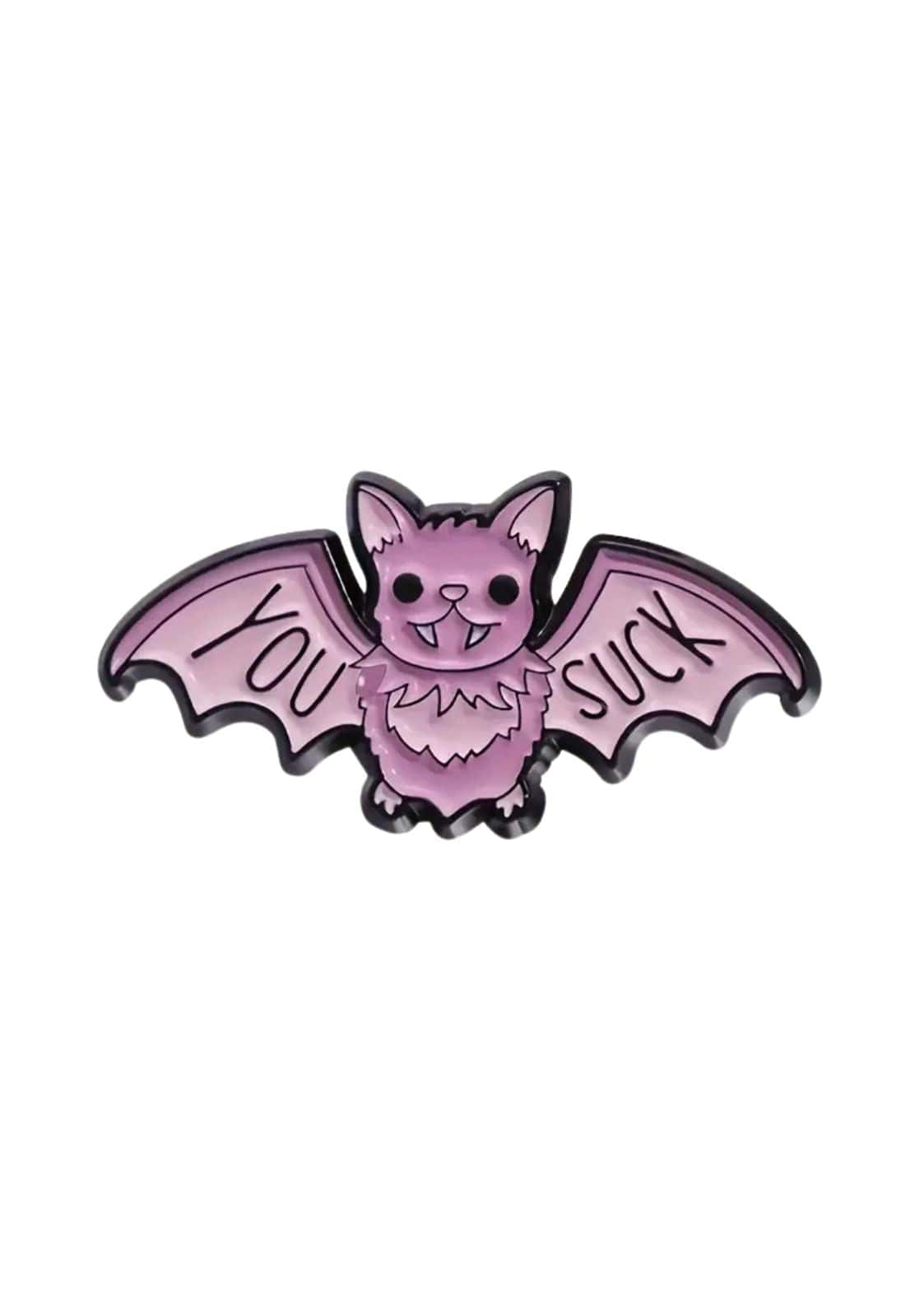 Lila fledermausförmiger enamel pin mit you suck text auf flügeln im gothik horror stil