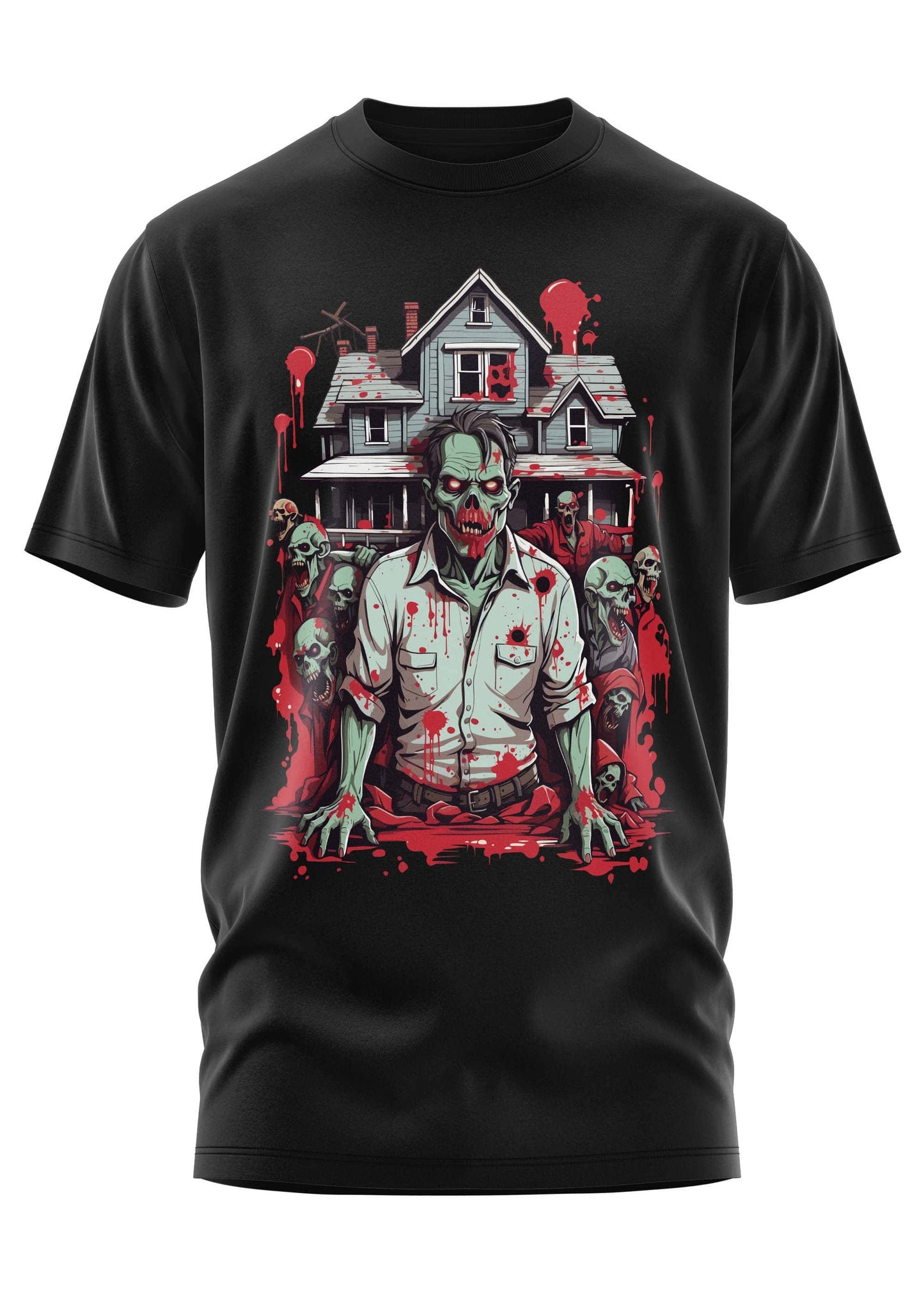 Schwarzes kurzes t-shirt mit gothic zombie grafik vor haus und rotem splatter für horror fans