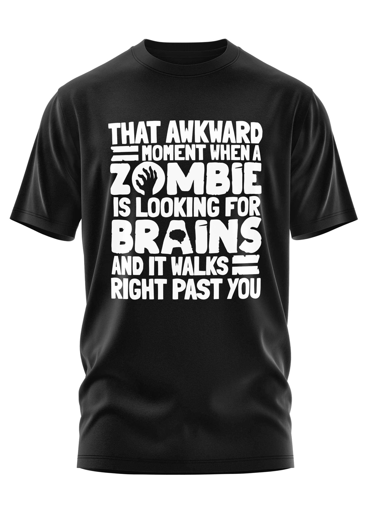 Schwarzes cotton t-shirt mit weißem gothic horror text zombie is looking bitte auf der vorderseite