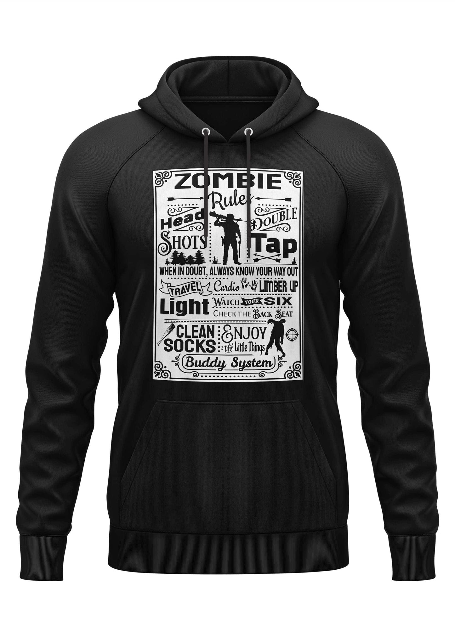 Schwarzer hoodie mit weißem zombie-themen grafikdesign und text in gothic horror stil zombie rules hoodie