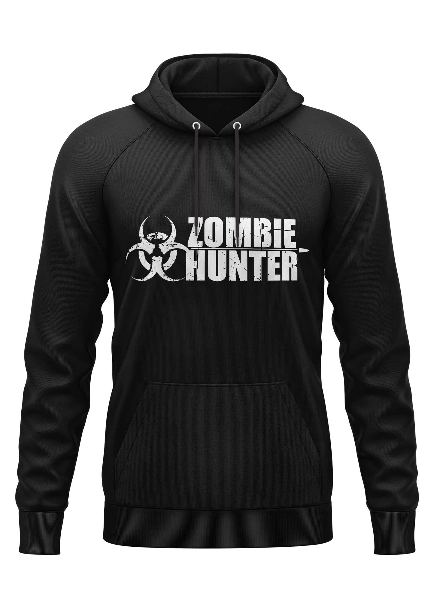 Schwarzer hoodie mit weißem zombie hunter grafik und biohazard symbol im gothic horror stil