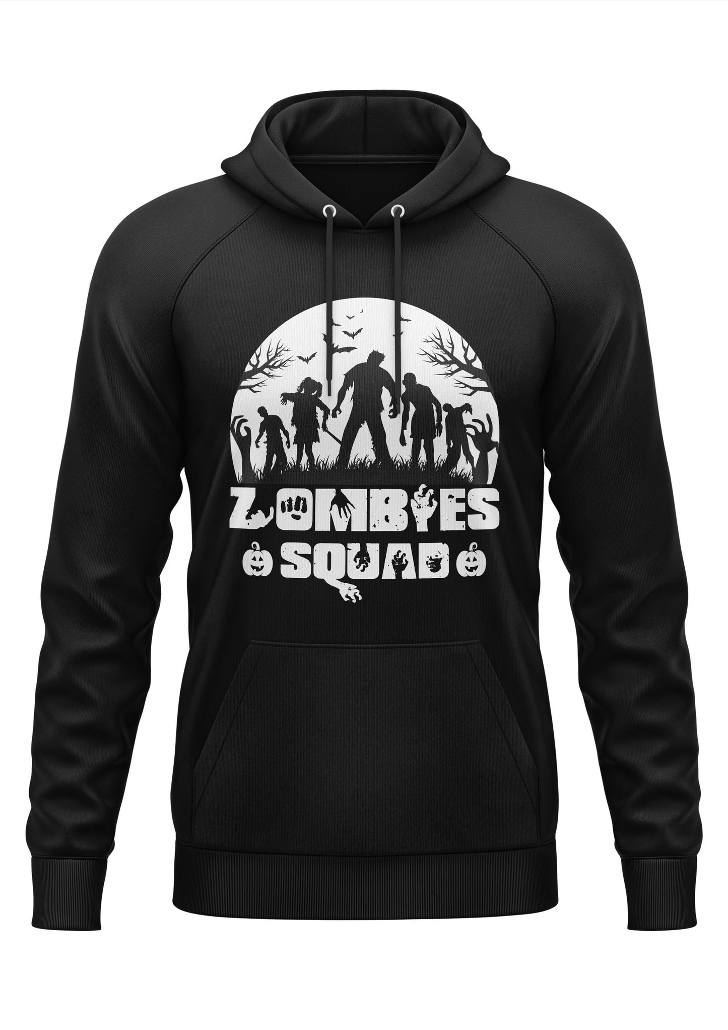 Schwarzes Gothic-Hoodie Zombie Squad mit Zombies und Kürbissen