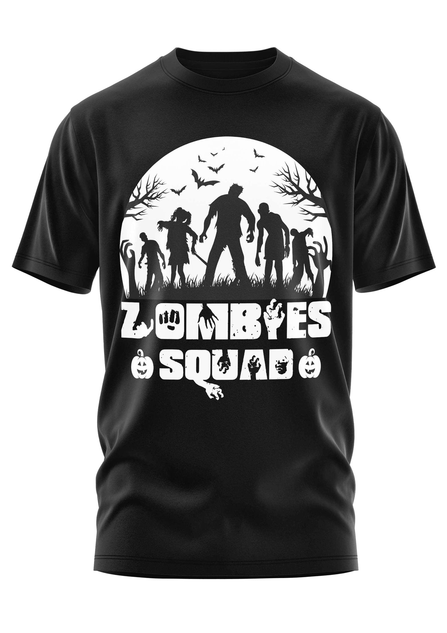 Schwarzes gothic horror kurzarmshirt mit weißem zombie grafik und schriftzug zombies squad unter mond und fledermäusen