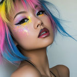 frau aus der gothic szene mit bunten haaren