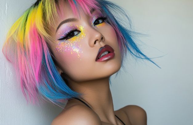 frau aus der gothic szene mit bunten haaren