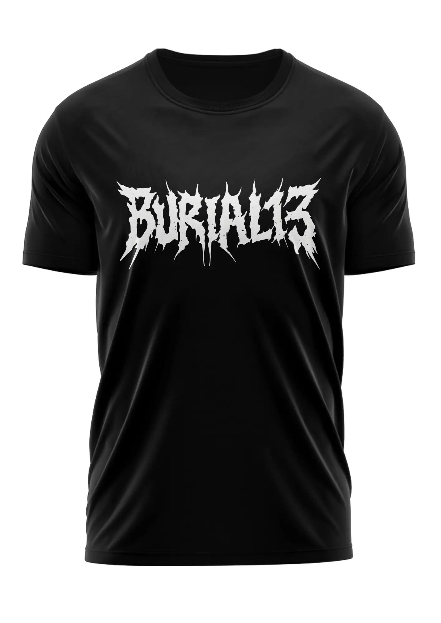 Schwarzes Unisex-Shirt BURIAL13 mit weißem Jagged-Grafik, meistverkauft.