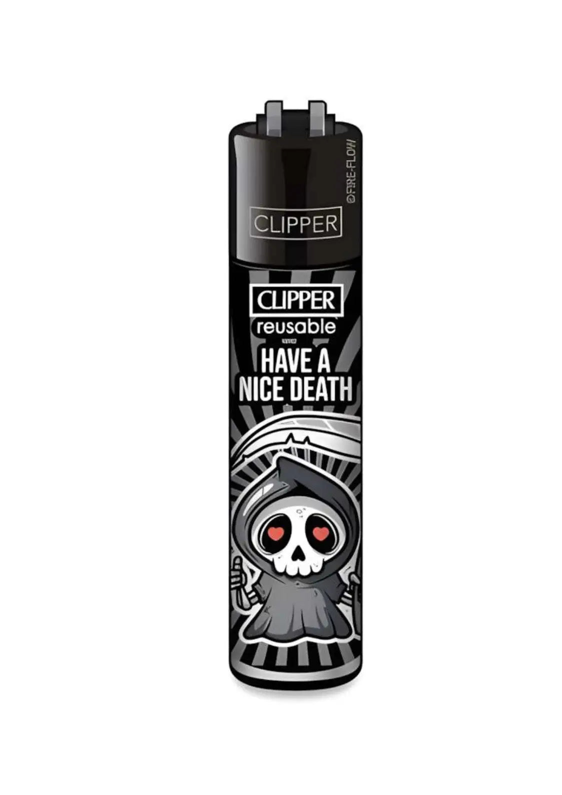 Clipper Feuerzeuge Schwarz-Silber Clip mit cartoon Grim Reaper und roten Herzen