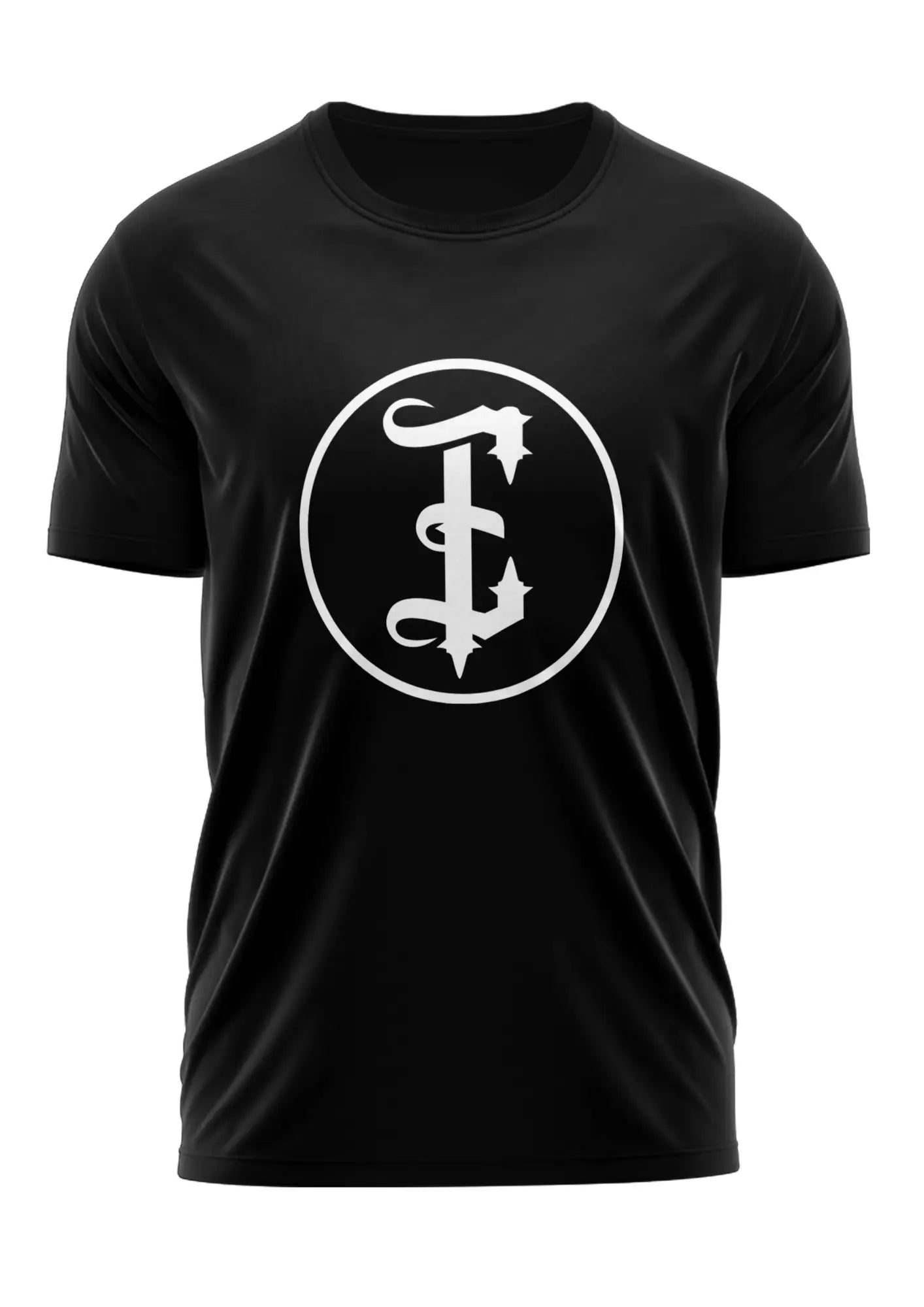 Schwarzes Gothic-Shirt Easure mit Front-Print: Weißes Rundlogo mit Ornament-f