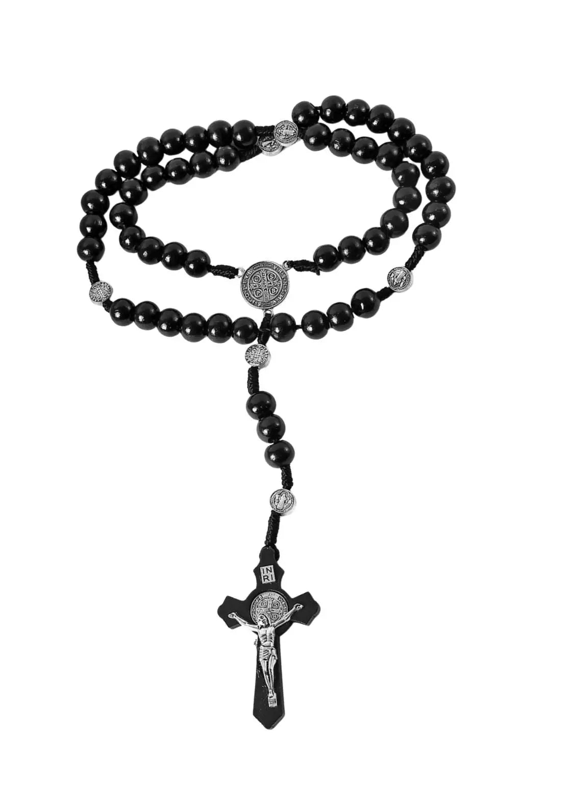 Schwarzer Perlenrosenkranz mit Silber St. Benedict Medaille und Kreuz