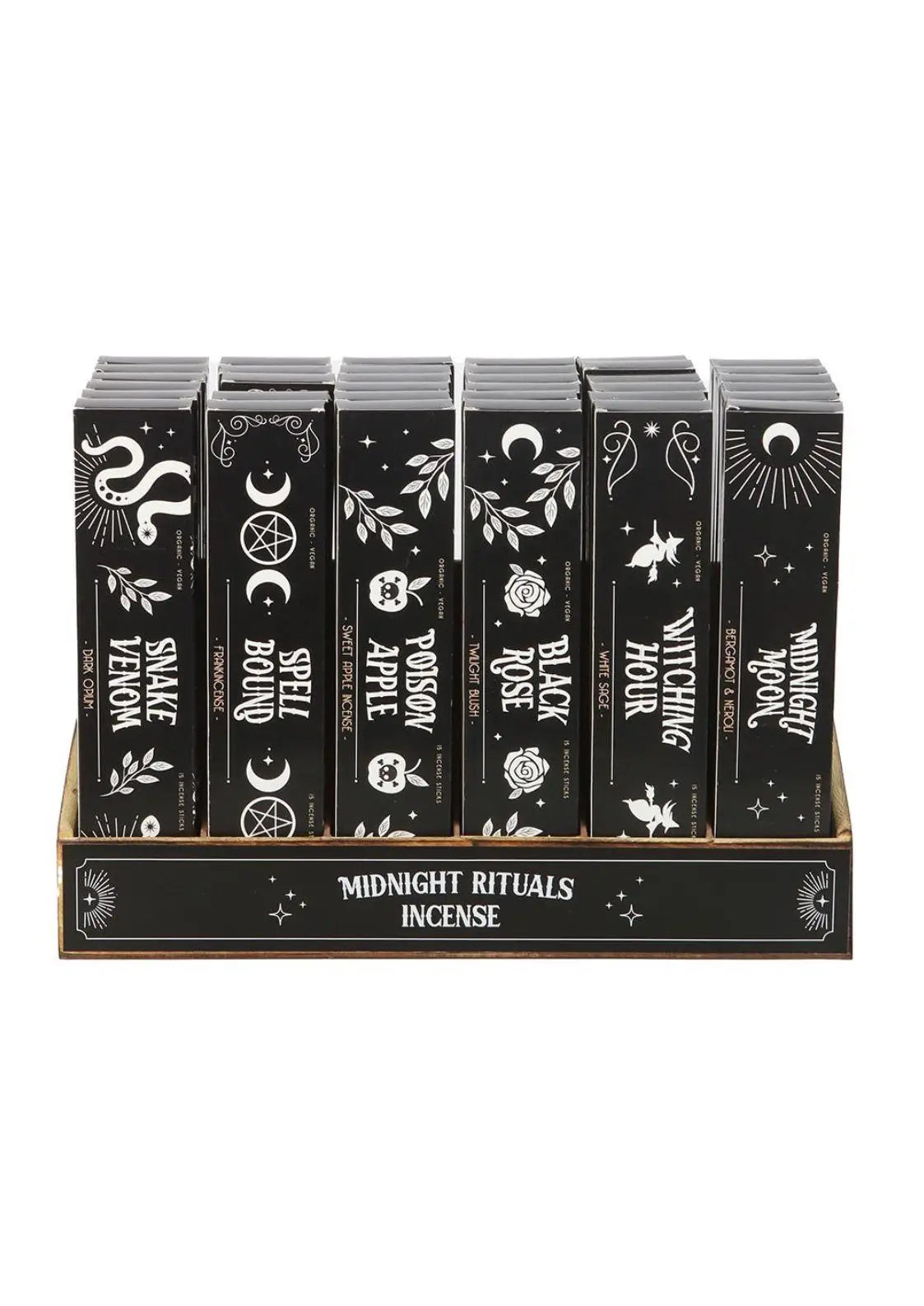 Midnight rituals Räucherstäbchen, schwarze Boxen mit weißem Okkultdesign