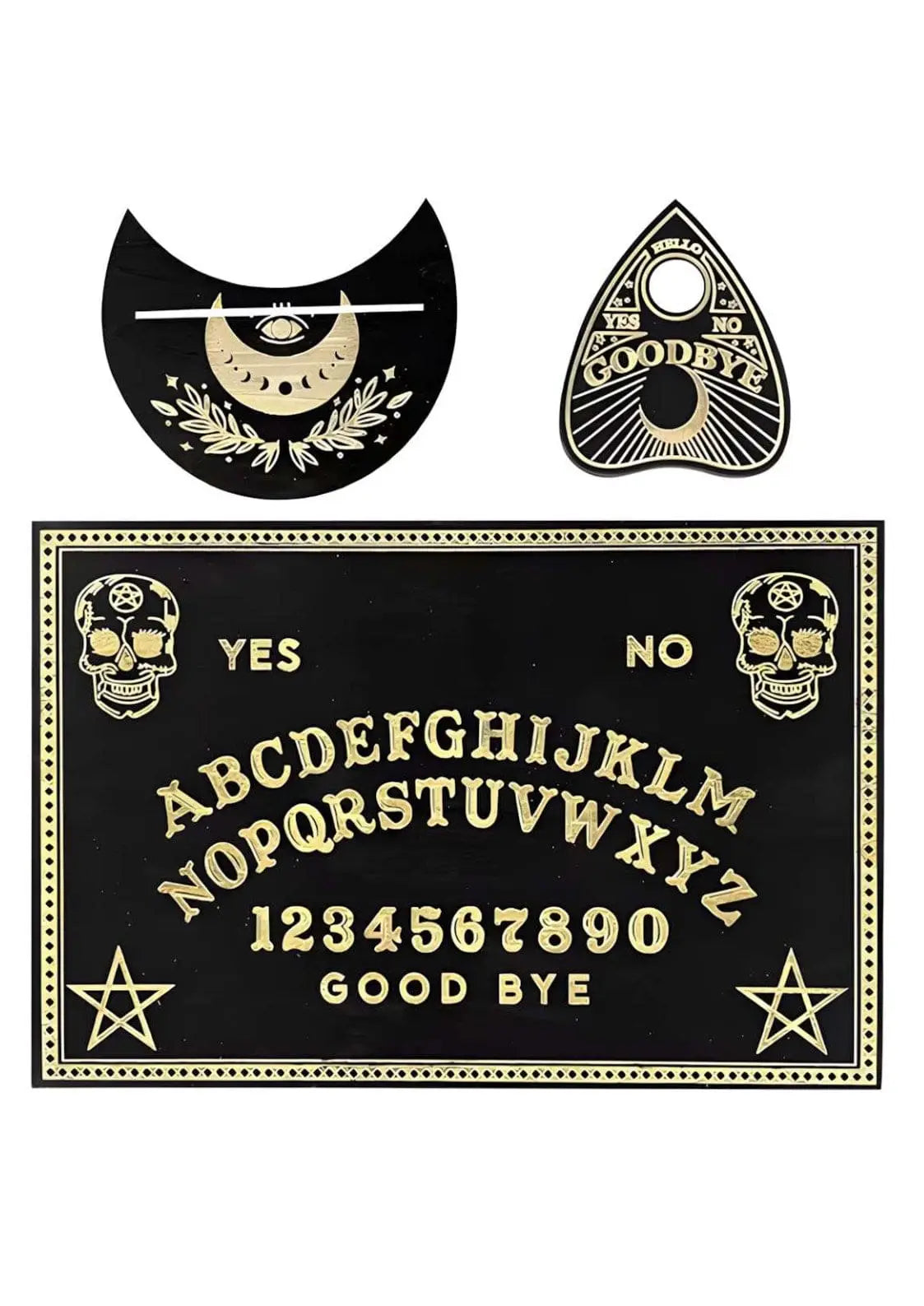 Schwarzes Ouija-Board-Set in Gold mit Totenkopf-Motiven, Monddesign und Planchette – mystische Deko