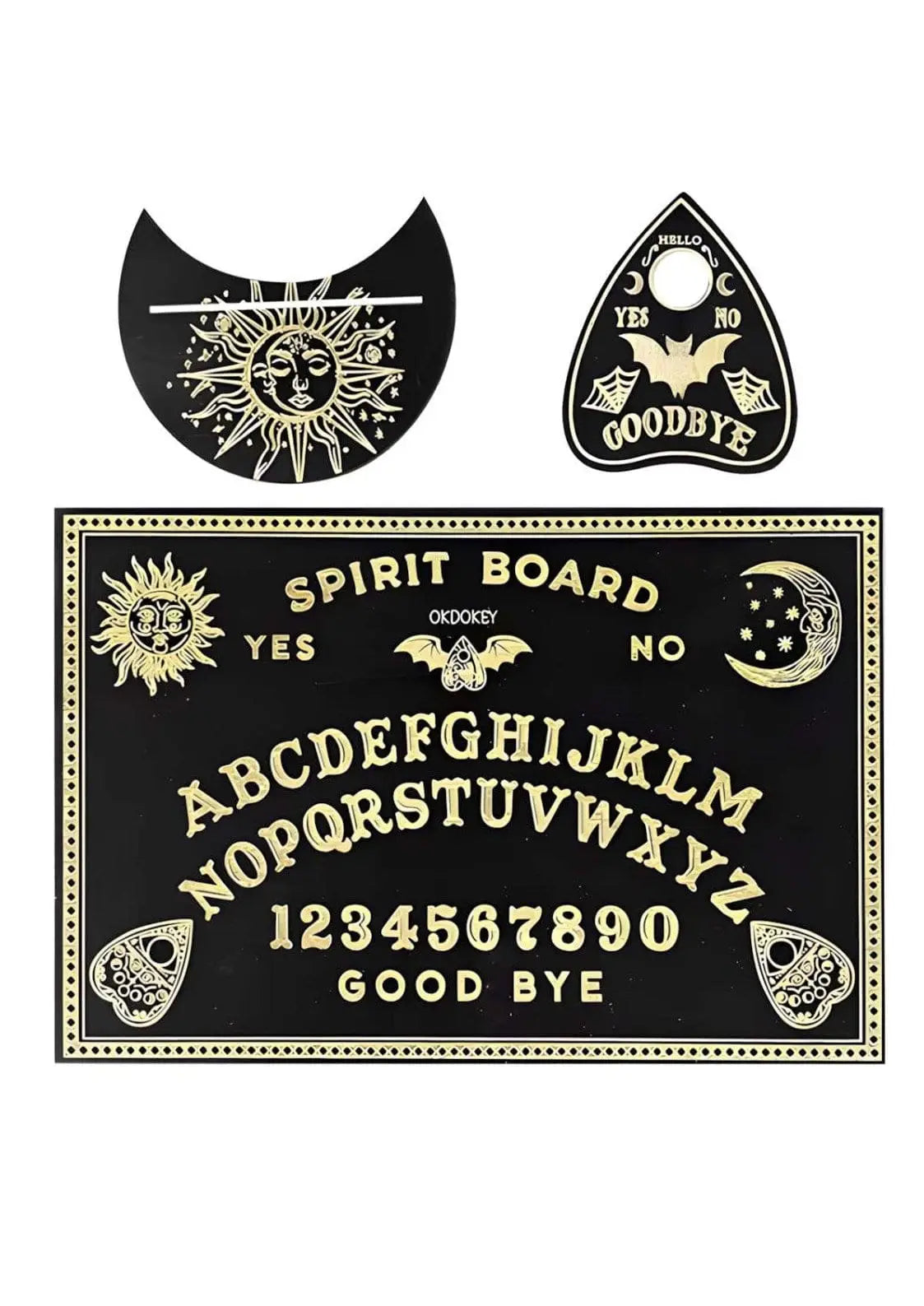 Schwarzes Ouija-Board mit Gold-Schrift, Sonne, Mond, Fledermaus und Alphabet.