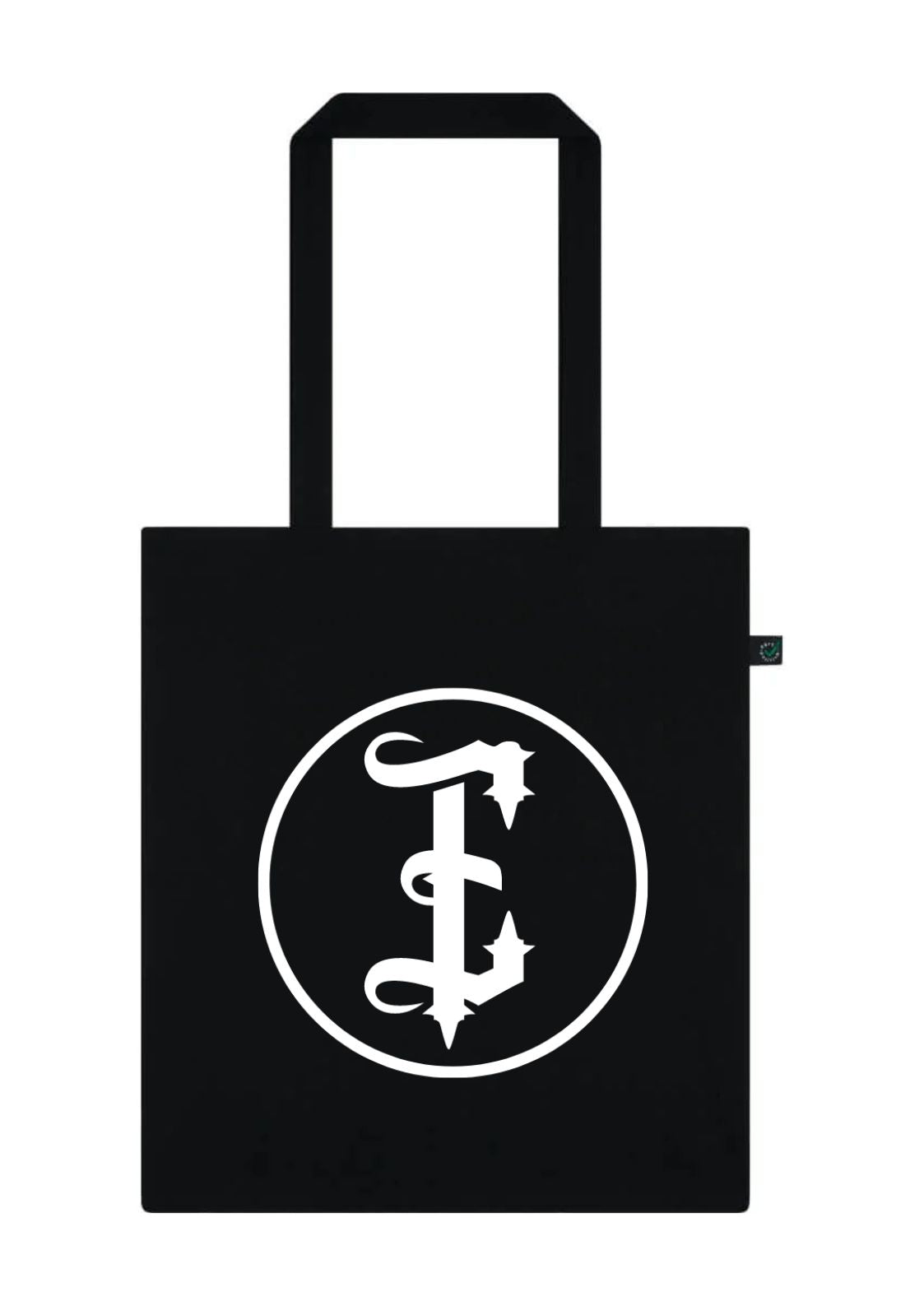 Schwarze STOFFTASCHE mit weißem Kreis-Logo und ornamentalem f – easure unisex