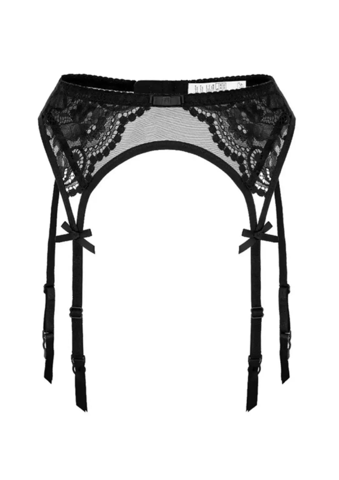 Schwarzer spitzen strumpfgürtel mit verstellbaren trägern und dekorativen schleifen für halterlosen strümpfen und gothic outfits