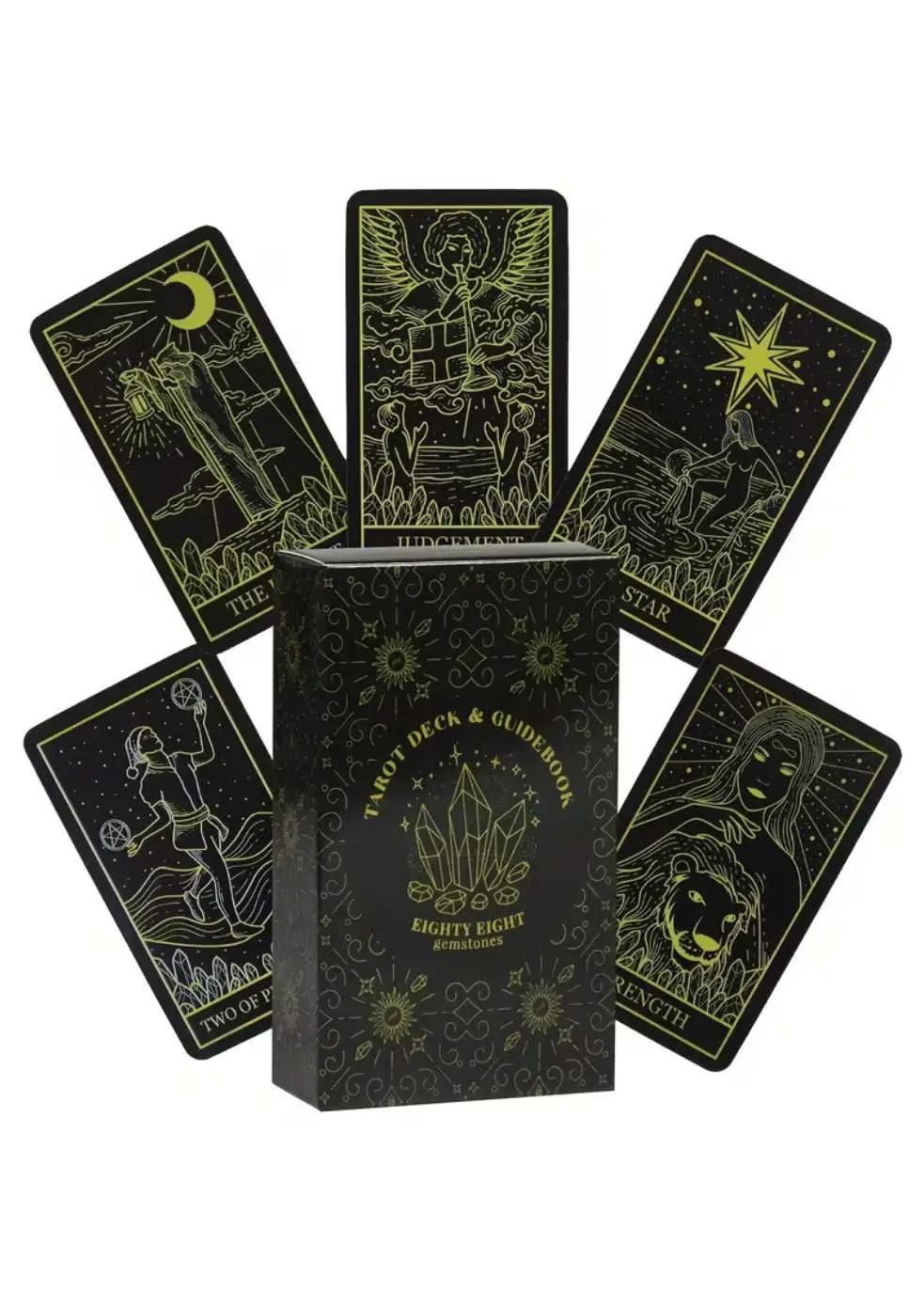 Schwarzer Tarot-Kartendeckel mit Goldfolien und Eighty Eight Marke, Kristallmotiv, dark art.