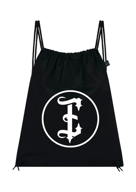 Schwarzer Turnbeutel mit weißem Kreislogo und ornamentalem f – easure unisex