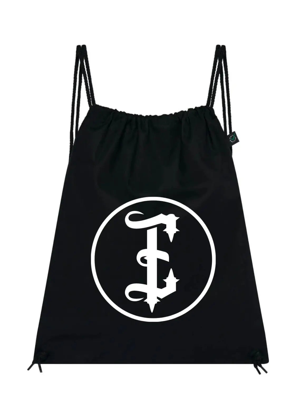 Schwarzer Turnbeutel mit weißem Kreislogo und ornamentalem f – easure unisex