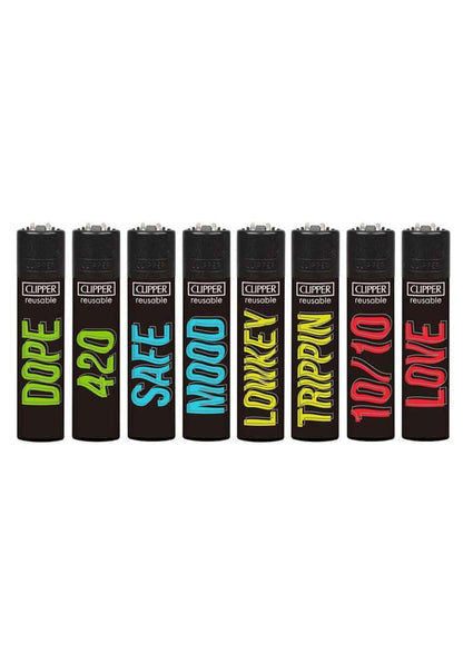 Schwarze nachfüllbare clipper feuerzeuge mit bunten neon text designs ideal für gothic kleidung und horror style