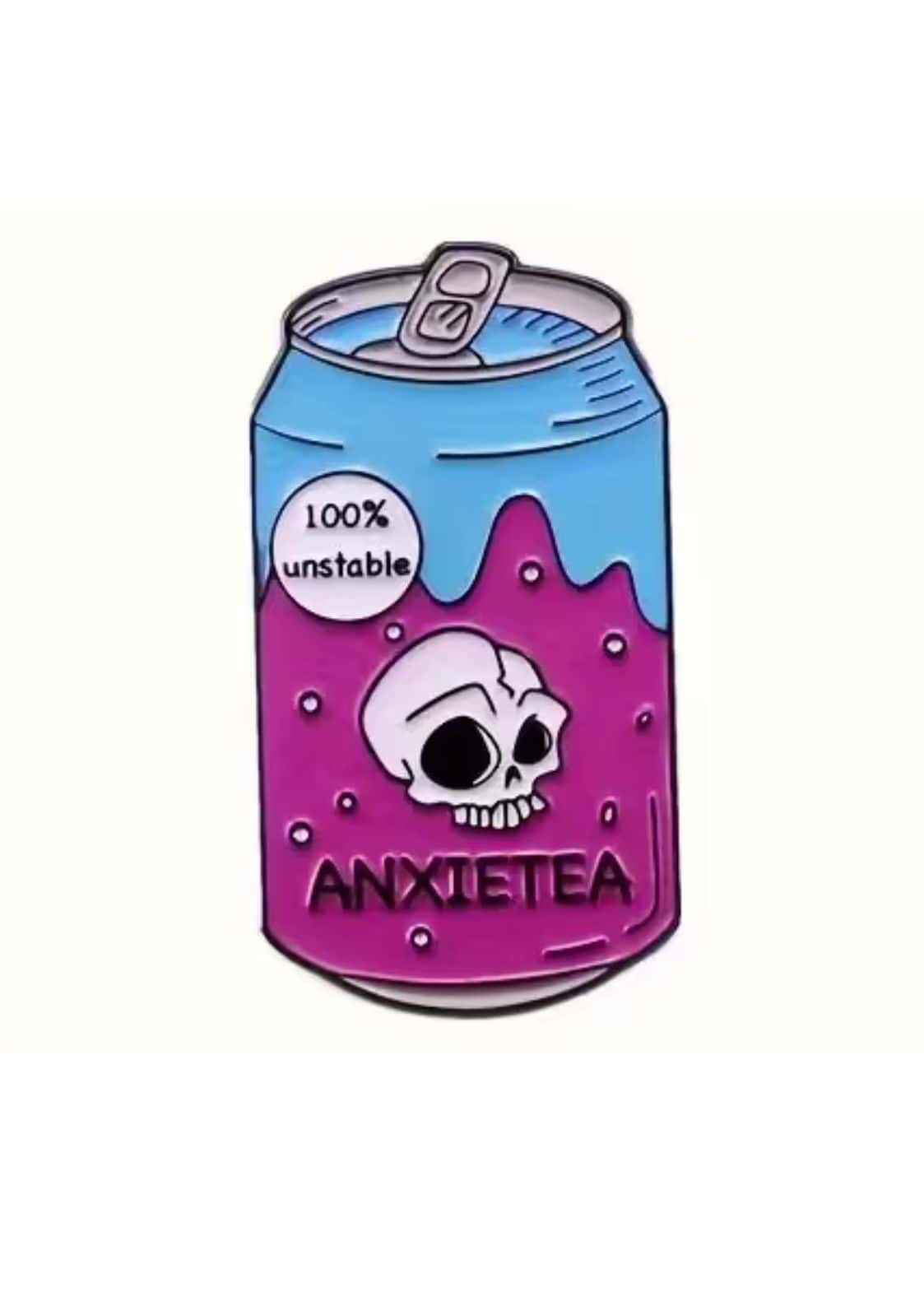 Vibranter Emaille-Anstecker: Limodose mit blauem Deckel, magenta Körper, weißer Schädel und Anxientea-Text