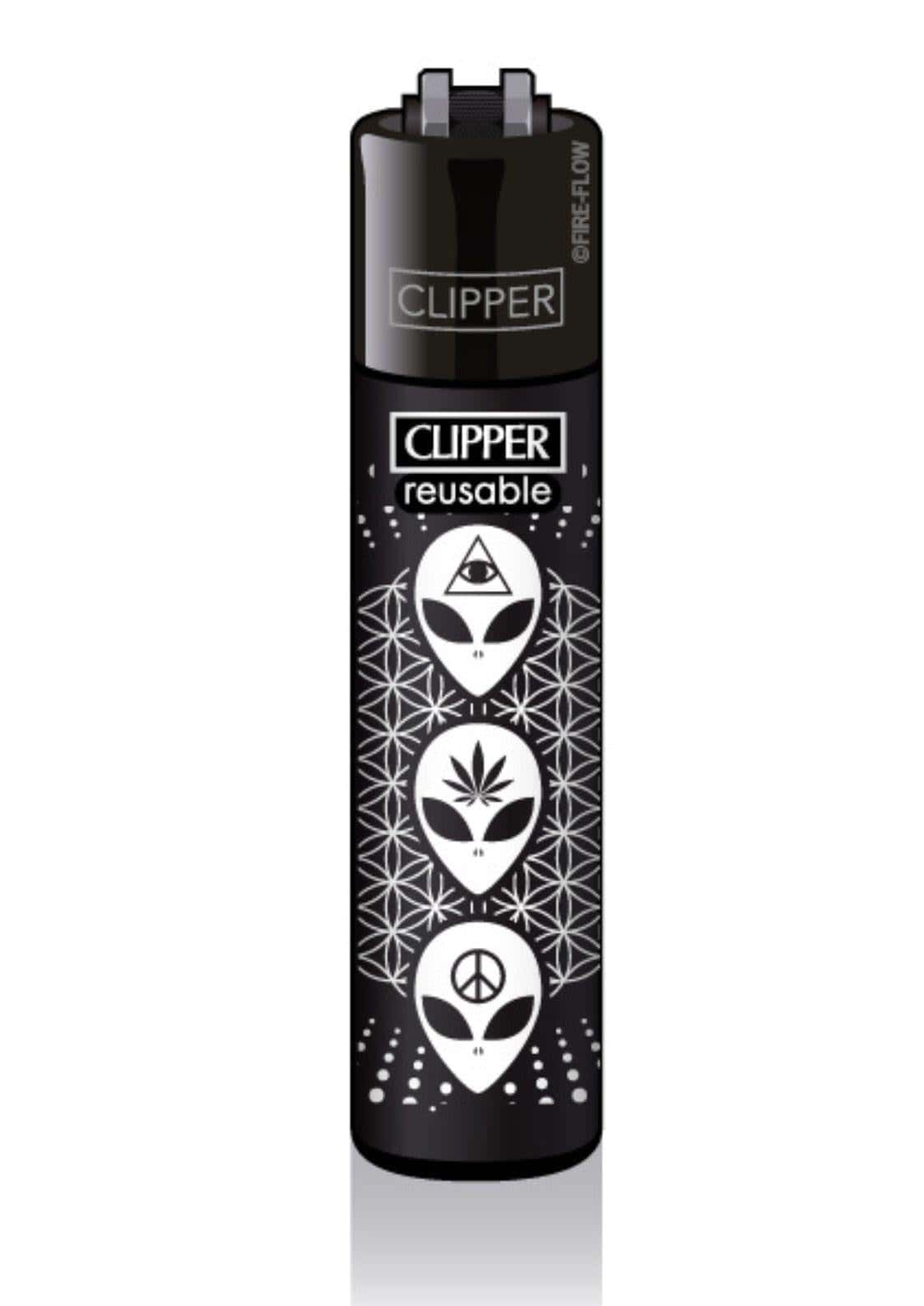 Schwarzes clipper feuerzeug nachfüllbar mit weißem alien heads design und geometrischen mustern 3 alien heads 420