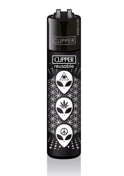 Schwarzes clipper feuerzeug nachfüllbar mit weißem alien heads design und geometrischen mustern 3 alien heads 420