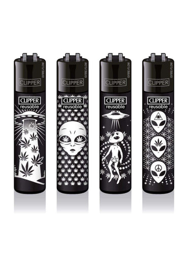Schwarze clipper feuerzeuge feuerzeug nachfüllbar mit weißen alien heads und 420 cannabis ufo designs