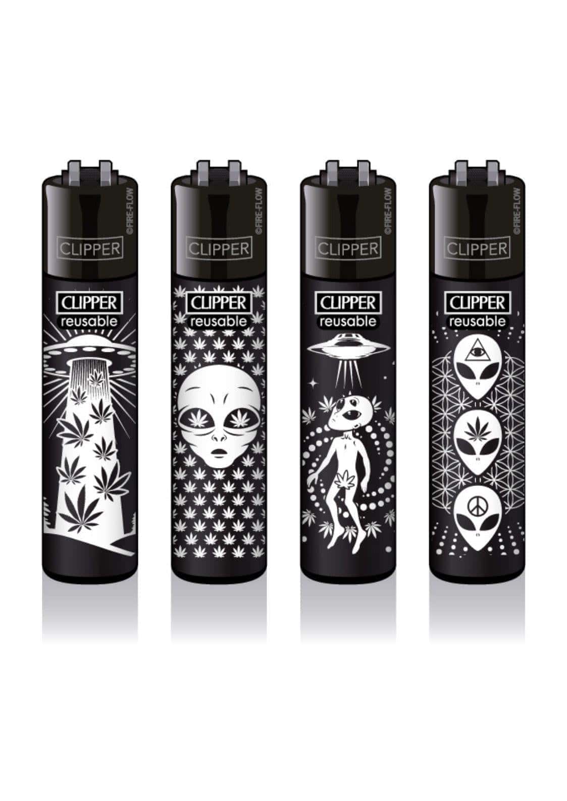 Schwarze clipper wiederverwendbare feuerzeuge mit weißen alien, ufo und cannabis designs im 420 aliens #2 set, gothic stil