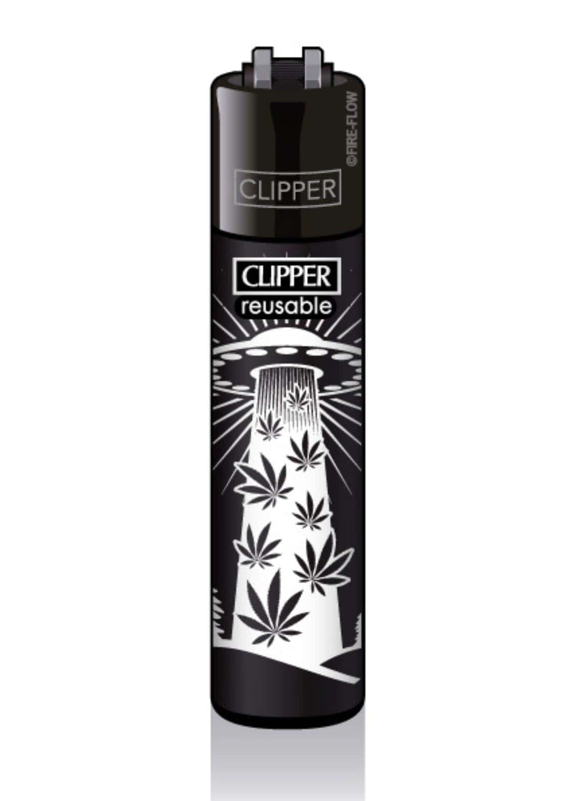 Schwarzes wiederverwendbares clipper feuerzeug mit weißem ufo design und cannabisblättern für gothic und dark fashion fans