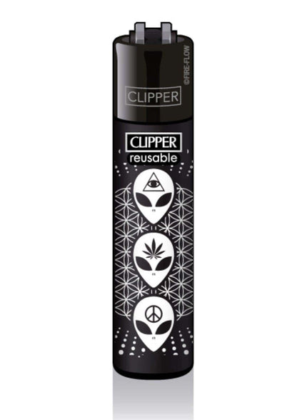Schwarzes clipper feuerzeug set 420 aliens #2 mit glänzendem finish und weißen alienkopf-geometrien gothic horror stil