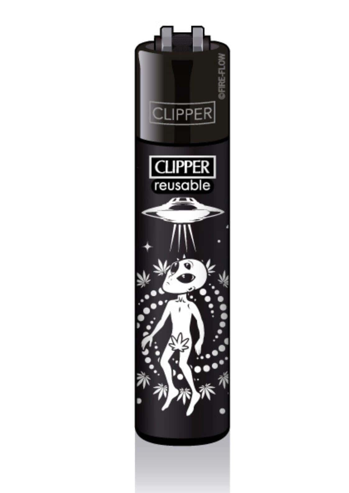 Schwarzes clipper feuerzeug mit weißem alien und ufo design sowie cannabisblättern passend zu gothic und dark fashion