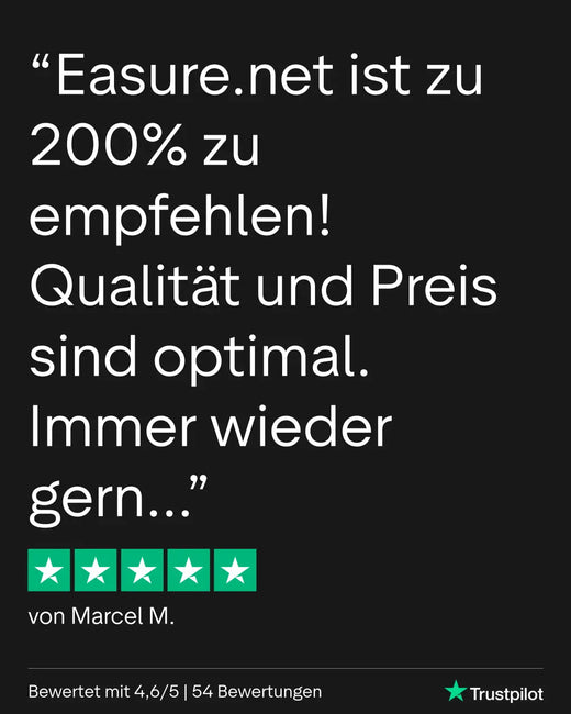 4,6/5 Sterne bewertetes easure.net-Produkt mit grünen Sternen und schwarzem Hintergrund.