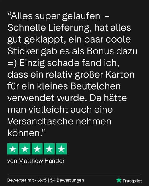 4,6/5-Sterne-Bewertungsaufkleber mit grünen Sternen auf schwarzem Hintergrund, der die Kundenzufriedenheit für das bewertete Produkt anzeigt.