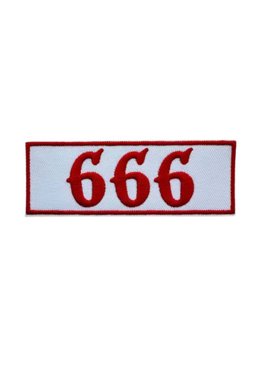 Embroidered 666 patch with red white gothic border perfect for horror fashion accessories