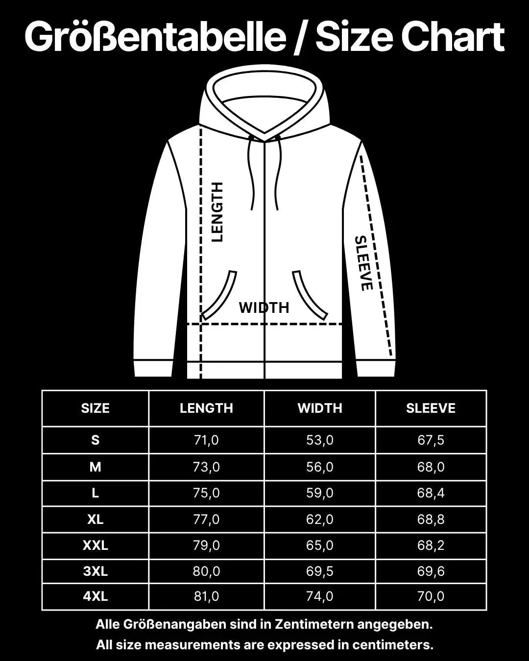 GRÖßENTABELLE UNISEX ZIPPER