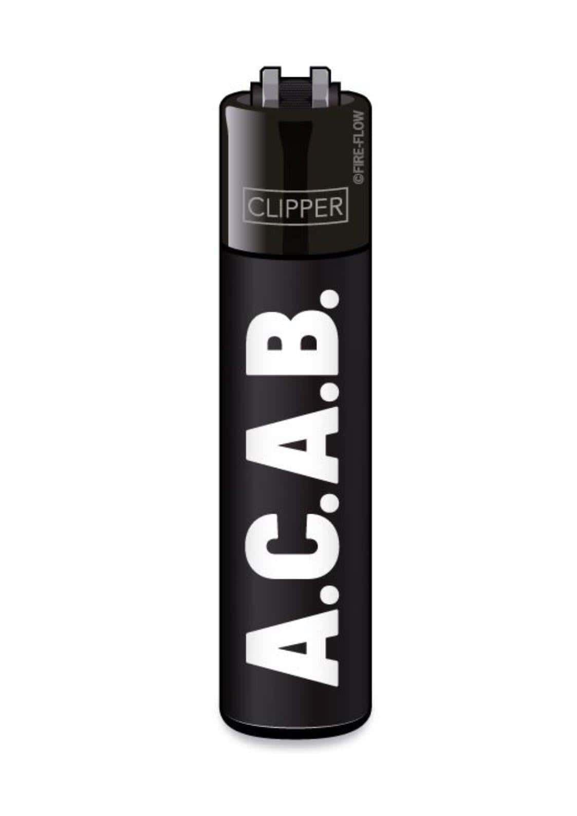 Schwarzes nachfüllbares clipper feuerzeug mit fetten weißen a c a b buchstaben im gothic horror stil