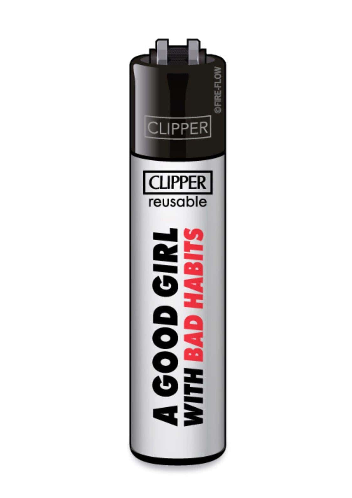 Silber schwarzes clipper feuerzeug nachfüllbar mit love club design und text a good girl with bad habits in schwarz und rot