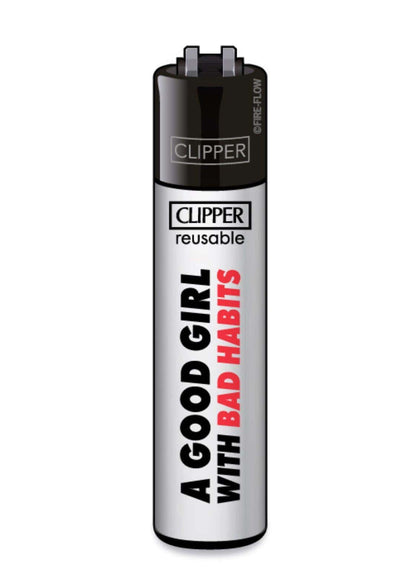 Silber schwarzes clipper feuerzeug nachfüllbar mit love club design und text a good girl with bad habits in schwarz und rot