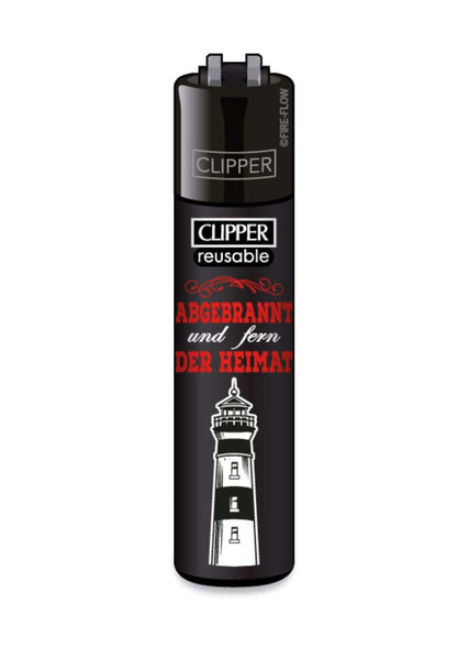 Schwarzes wiederbefüllbares clipper feuerzeug mit weißem leuchtturm und rotem deutschen text für gothic kleidung und horrorfans