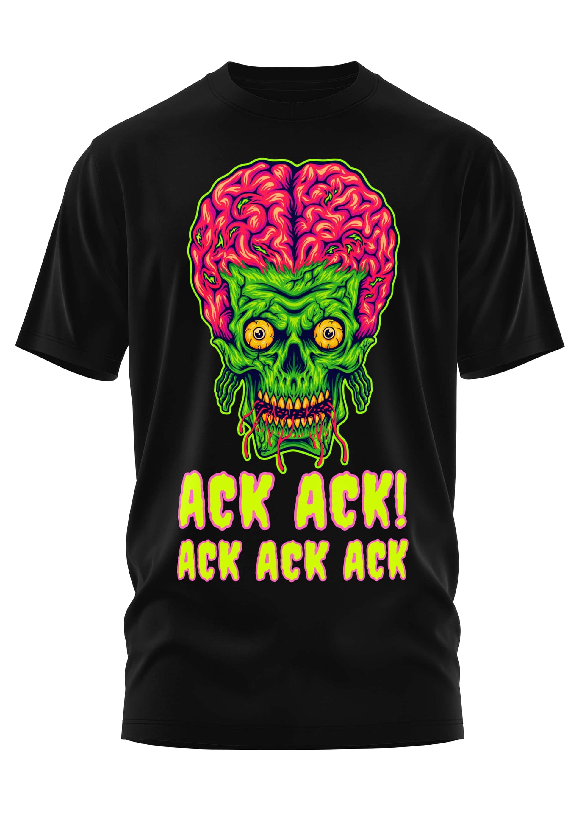 Schweres unisex t-shirt ack ack mit grünem alien-schädel und pinkem hirnhaar in neonfarben aus strapazierfähigem stoff