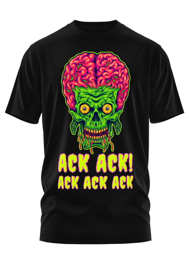 Schweres unisex t-shirt ack ack mit grünem alien-schädel und pinkem hirnhaar in neonfarben aus strapazierfähigem stoff