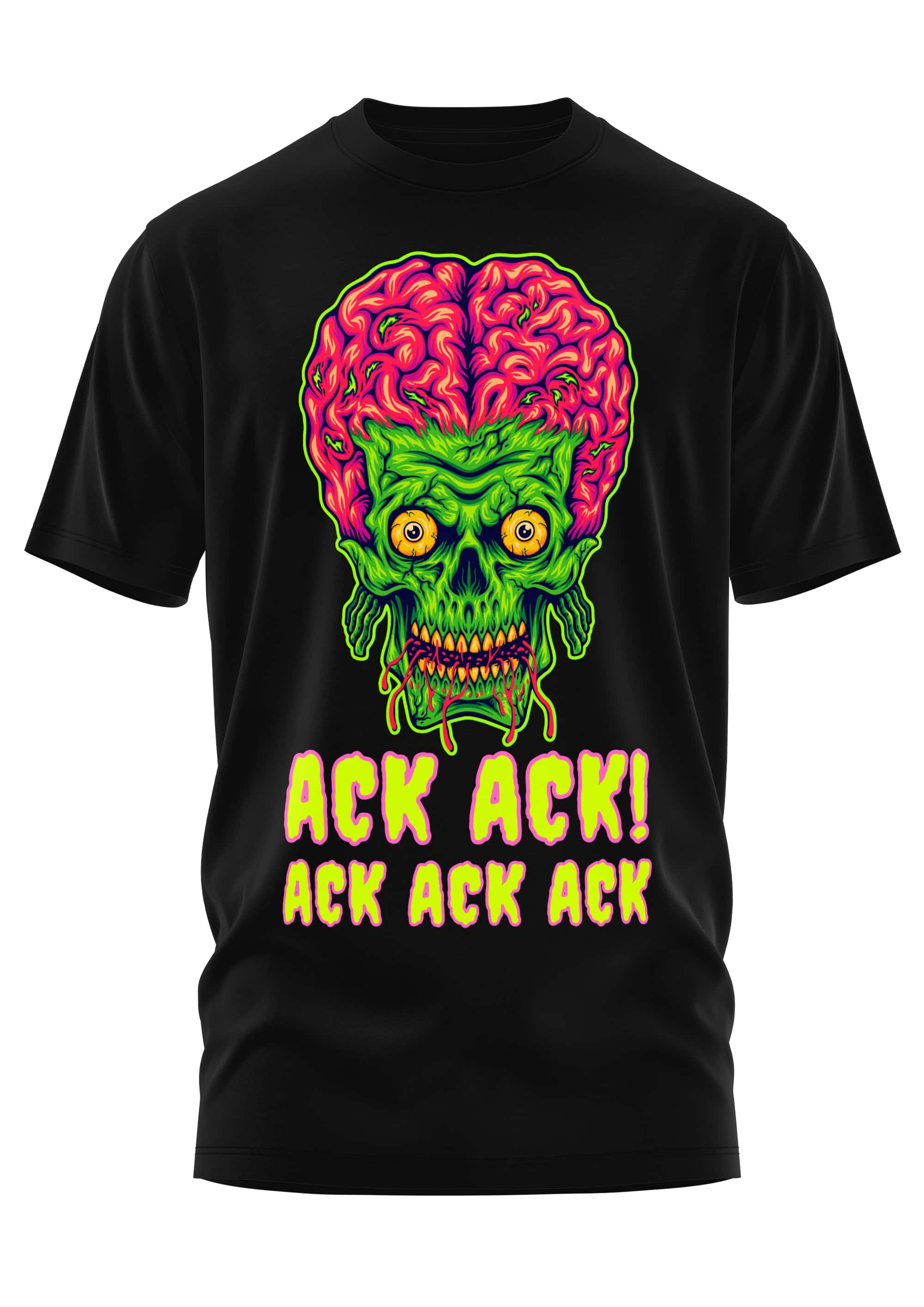 Schweres unisex t-shirt ack ack mit grünem alien-schädel und pinkem hirnhaar in neonfarben aus strapazierfähigem stoff
