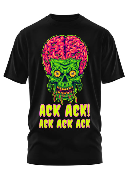 Schweres unisex t-shirt ack ack mit grünem alien-schädel und pinkem hirnhaar in neonfarben aus strapazierfähigem stoff