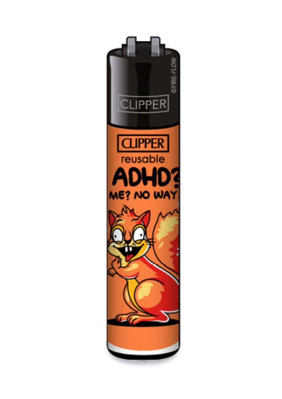 Orange schwarzes clipper feuerzeug nachfüllbar mit cartoon eichhörnchen und text adhd me no way für gleichmäßige flamme