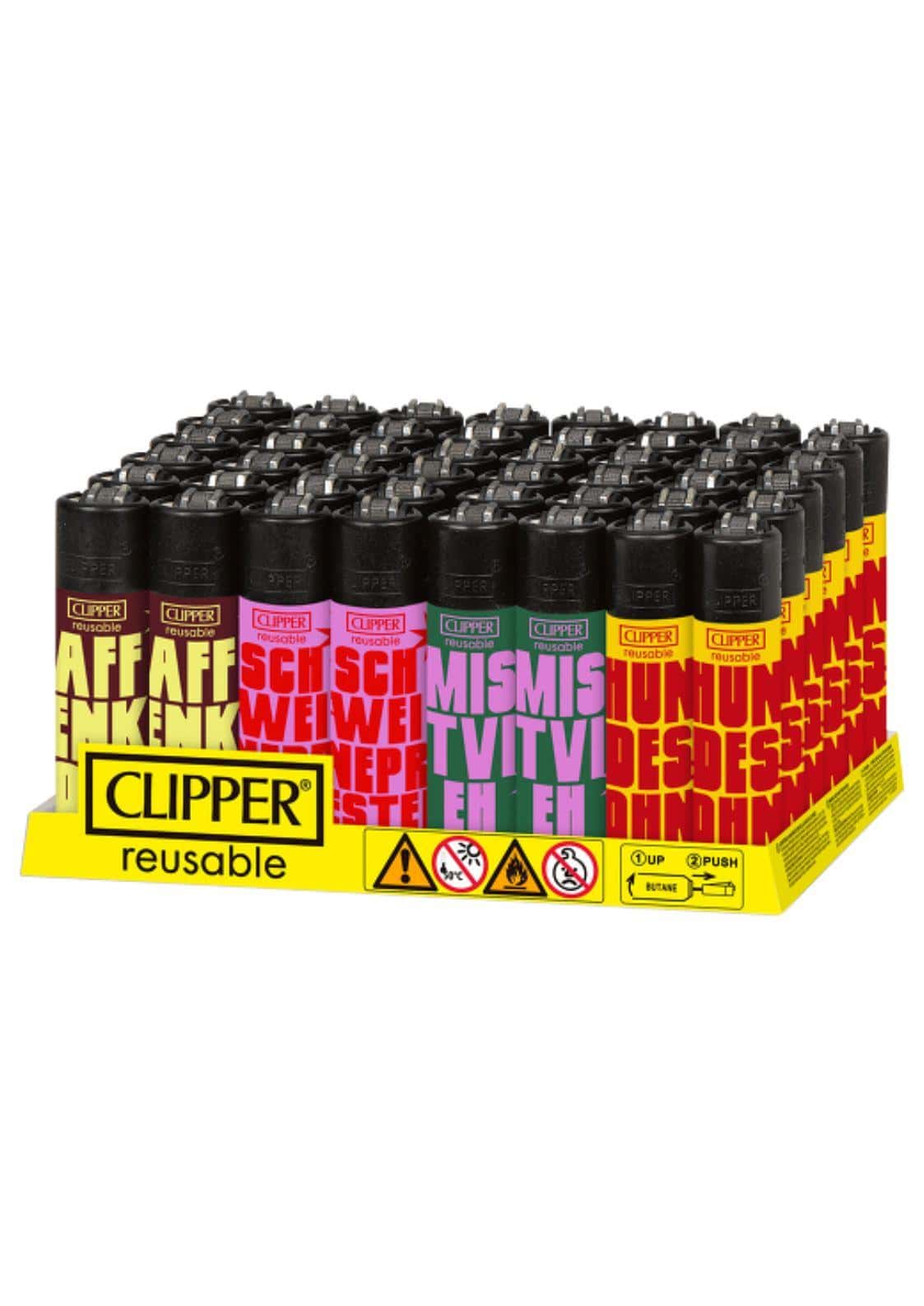 Bunte clipper feuerzeuge mit auffälliger mehrfarbiger schrift auf schwarzem körper in gelbem display für gothic kleidung fans