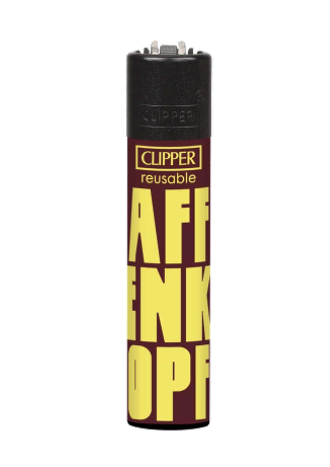 Maroon und gelbes affenkopf clipper feuerzeug nachfüllbar mit fettem schriftzug ideal für gothic kleidung und horror fans