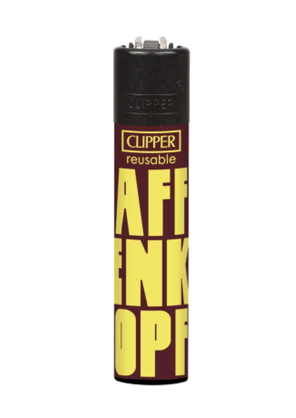 Maroon und gelbes affenkopf clipper feuerzeug nachfüllbar mit fettem schriftzug ideal für gothic kleidung und horror fans