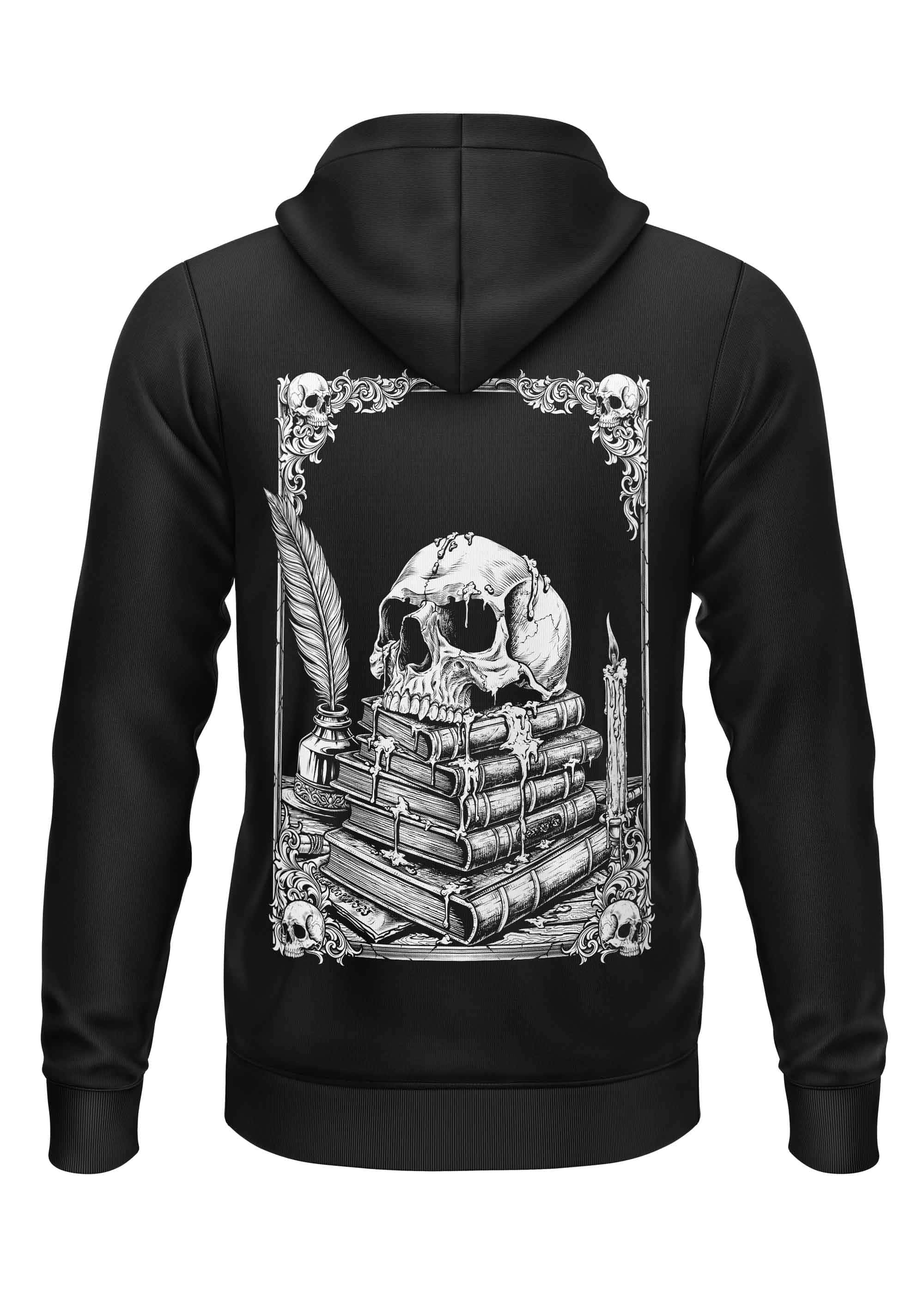 Schwarzer zipper hoodie mit einer detaillierten schwarz-weißen grafik eines schädels auf büchern und okkulter symbolik