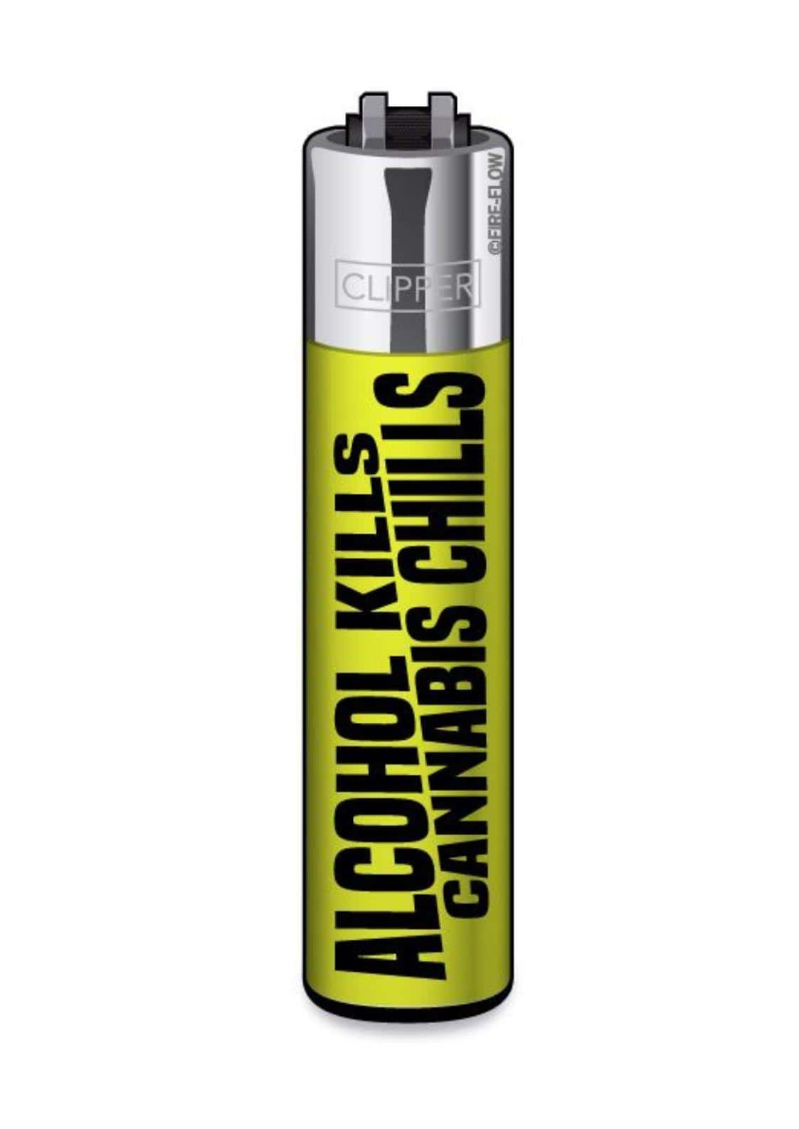 Gelbes clipper feuerzeug alcohol kills cannabis chills mit schwarz gothic horror text für gothic kleidung fans