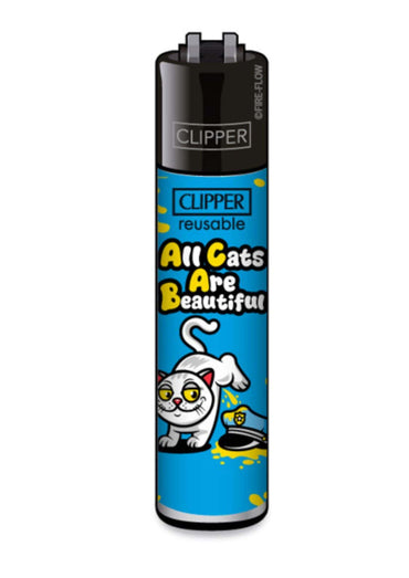 Blau-schwarzes clipper feuerzeug mit cartoon weißer katze gelben augen polizeimütze und text all cats are beautiful